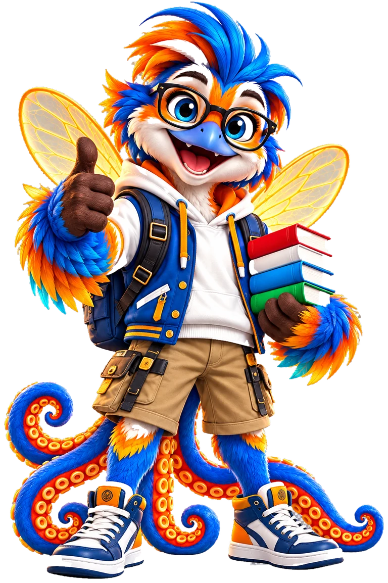 Xabi, our friendly blue-and-orange hybrid mascot with glasses, golden wings, books and playful octopus tentacles.